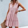 DX~~2023 Summer Europe and America V-neck Sexy Solid Color Dress Irregular Splice Sleeveless Commuter Big Swing Dress Women
