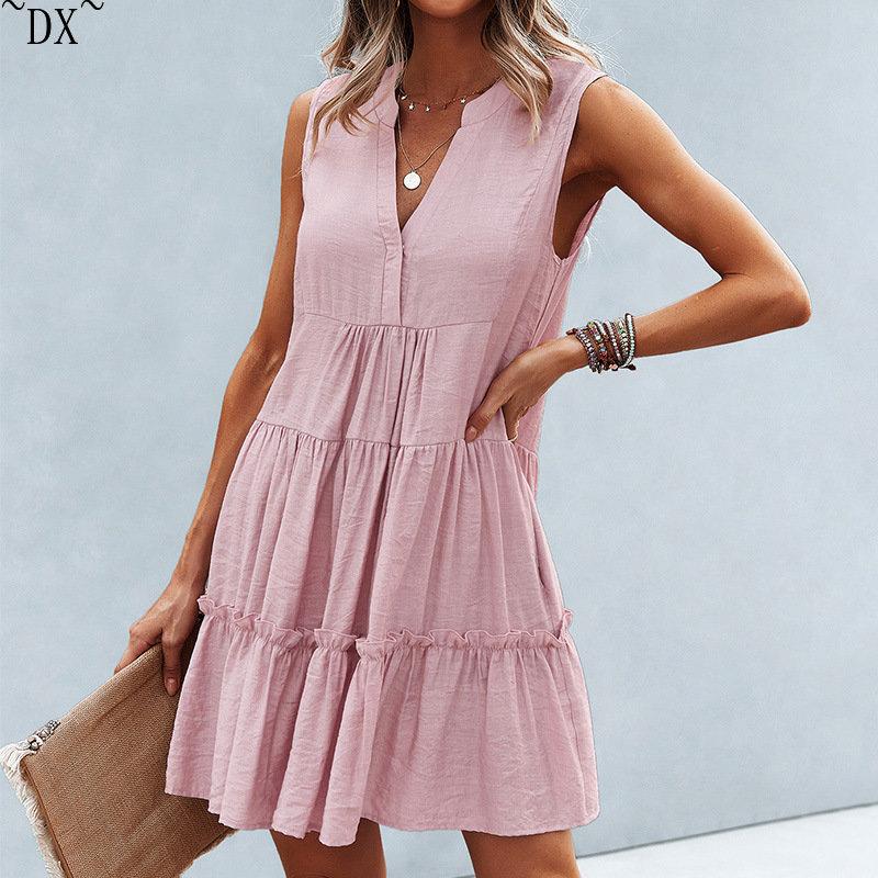 DX~~2023 Summer Europe and America V-neck Sexy Solid Color Dress Irregular Splice Sleeveless Commuter Big Swing Dress Women