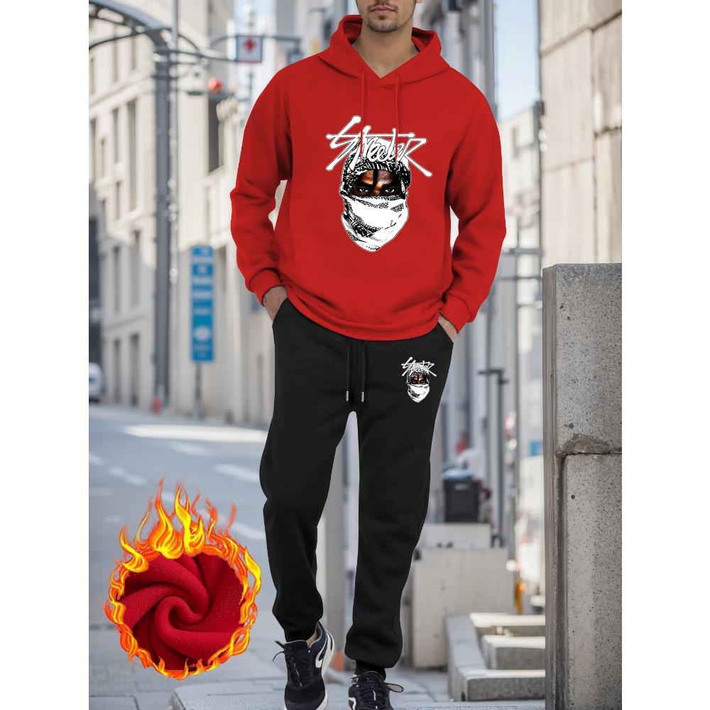 Winter Casual Hooded Tracksuit Set, Polyester Knit Fabric, Regular Fit, with Print Design, with Pockets, for Men