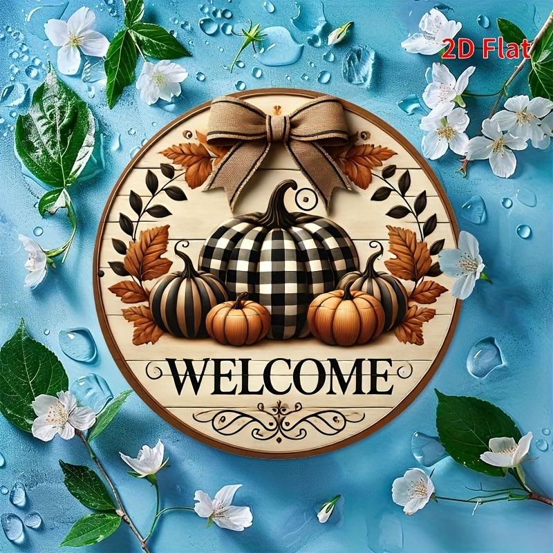 

Floral Wreath Welcome Sign. 8 round aluminum plaque for garden, porch & farmhouse decor. чистый