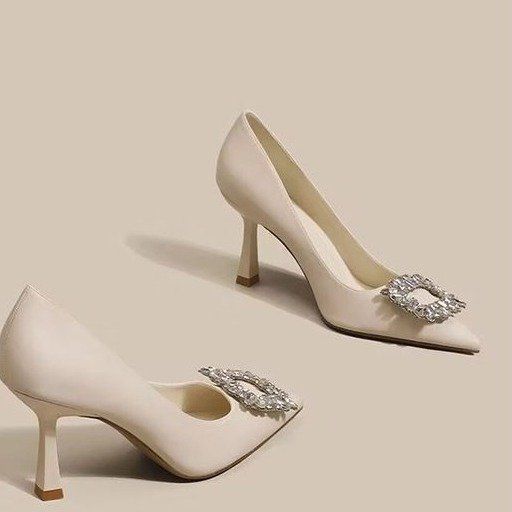 

2025 new nude celebrity patent leather temperament versatile high heels women s French rhinestone square buckle commuter work shoes 38