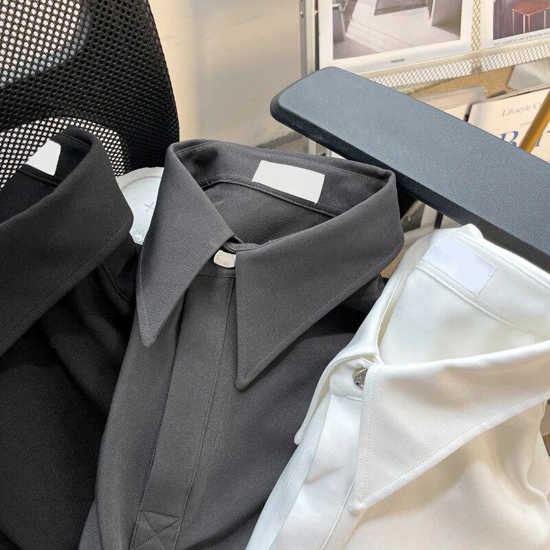 Preppy Stil Erkek Gömlek Sonbahar Kış Bol Yaka Erkek Kazak Bol Çok Yönlü Düz Renk Uzun Kollu Bluz