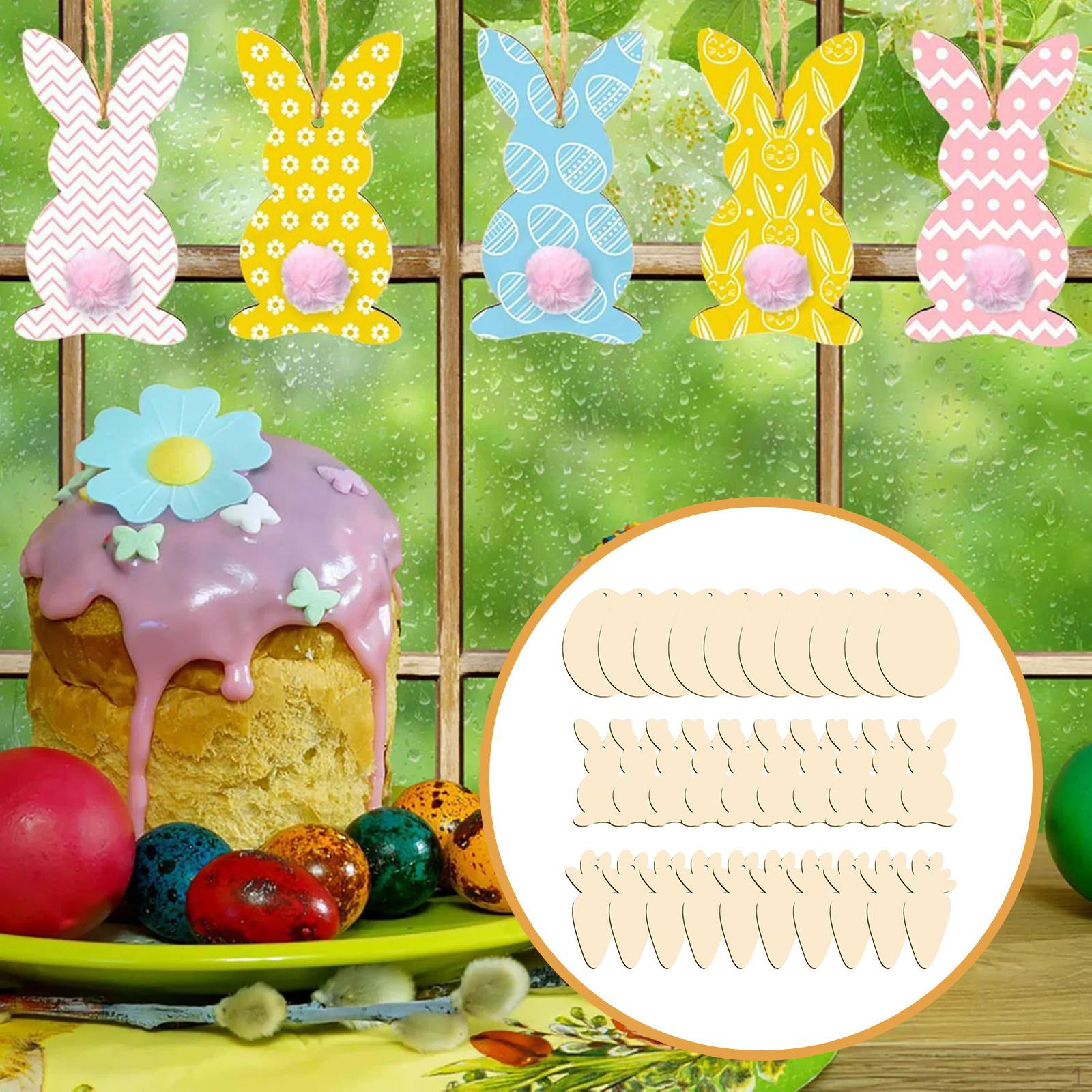 30Pcs Easter Wooden Ornaments Blank Wood Pieces Tags Egg Bunny Carrot Cutouts Slices for DIY