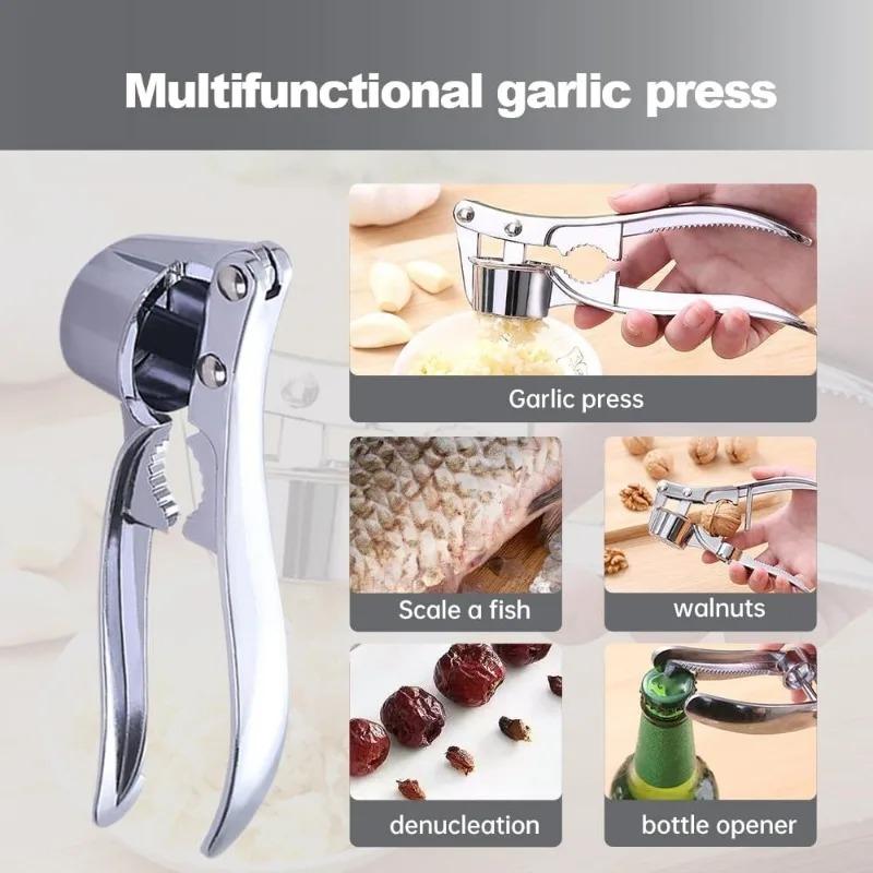 Stainless Steel Garlic Press Masher Squeezer 4-in-1 Garlic Press Crusher Multifunction Garlic Crusher Manual Press Grinding Tool