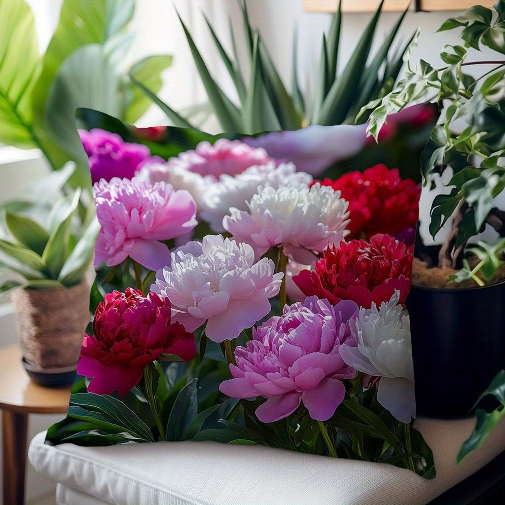 Vibrant Peony Flower Throw Pillow Cover Lush Garden Floral Print Decorative Cushion Cover For Romantic Living Room Home Decor