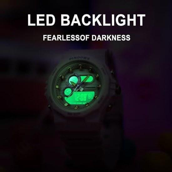 PINDOWS womens wristwatch 50M waterproof specification outdoor digital sports watch multifunctional LED backlight calendar alarm stopwatch.