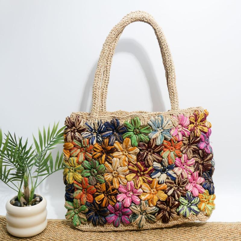 New high-quality raffia woven bag handmade holiday straw bag women's flower large-capacity shoulder tote bag