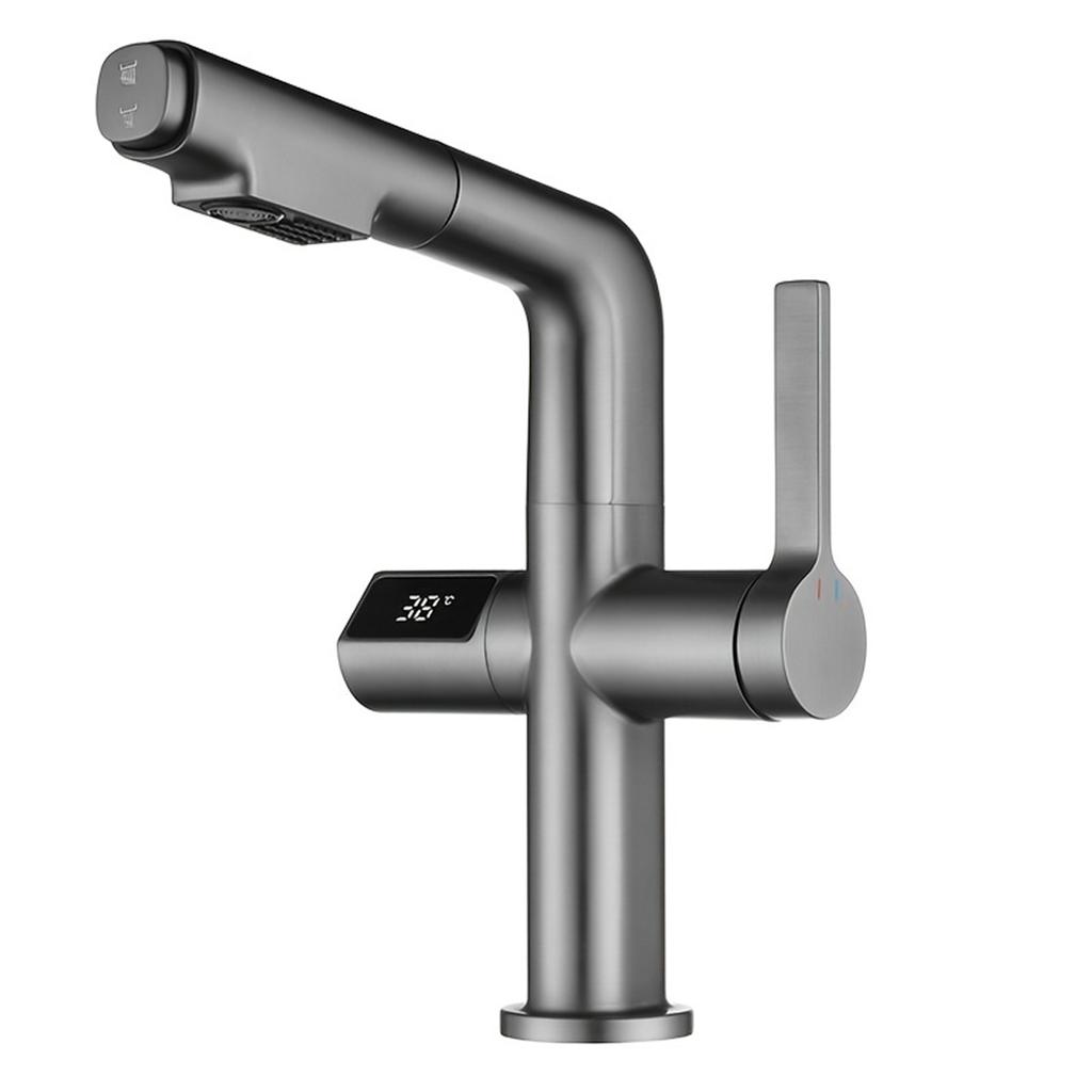 LCD Digital Display Bathroom Basin Faucet Pull Out Basin Tap Hot Cold Bathroom Kitchen Faucet Brass Deck Mount Sink Mixer Tap