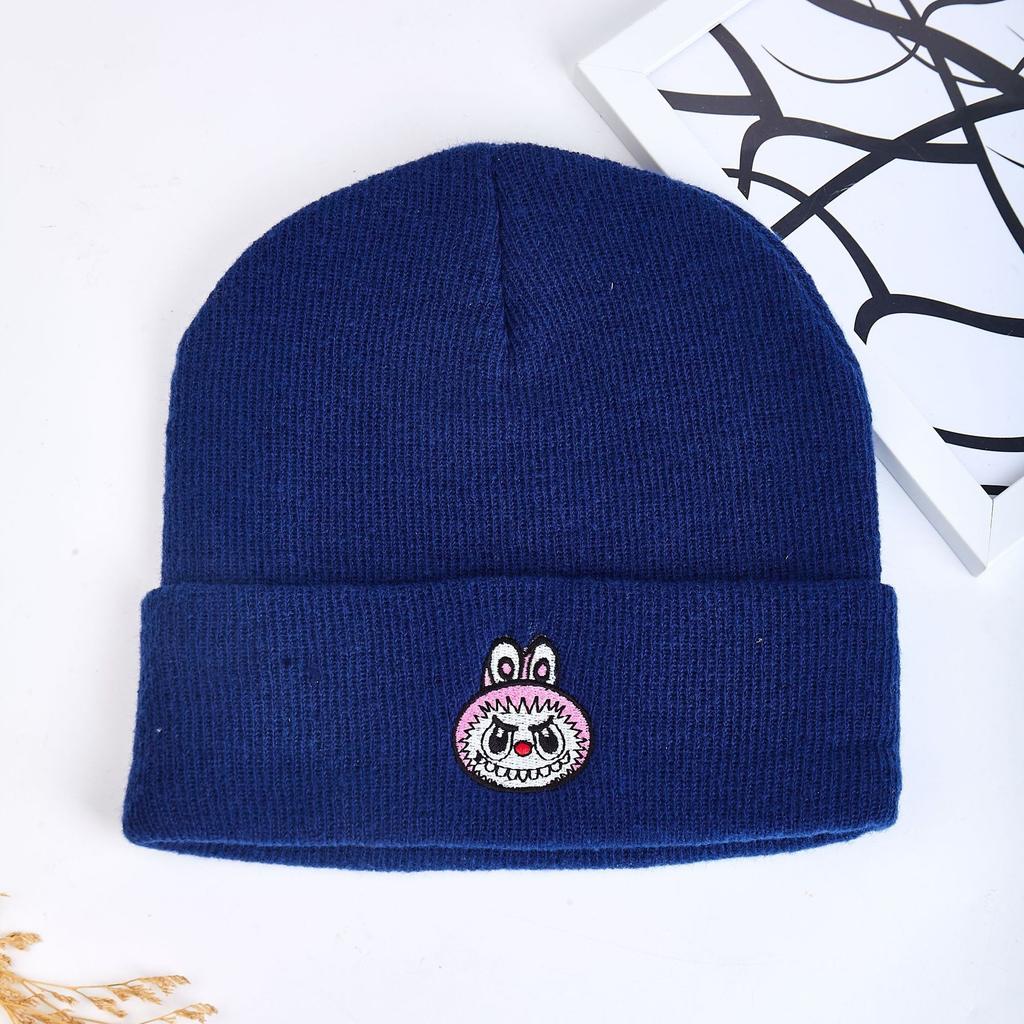 Warm Spandex/Polyester Knitted Beanie Cartoon Embroidery Autumn/Winter Unisex Adjustable Playful Trendy Black Blue Students Made
