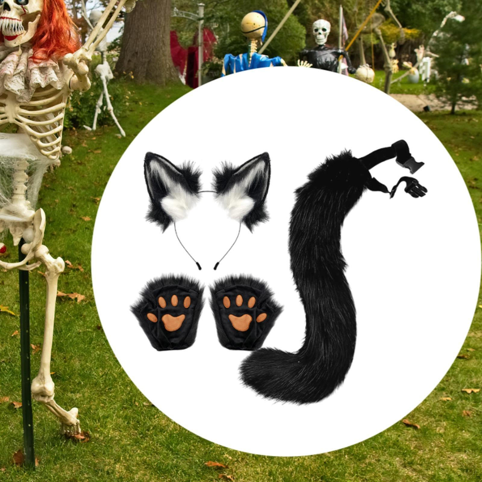 

Animal Ears and Tail Set Cat Ear Long for Carnival Stage Performance Black