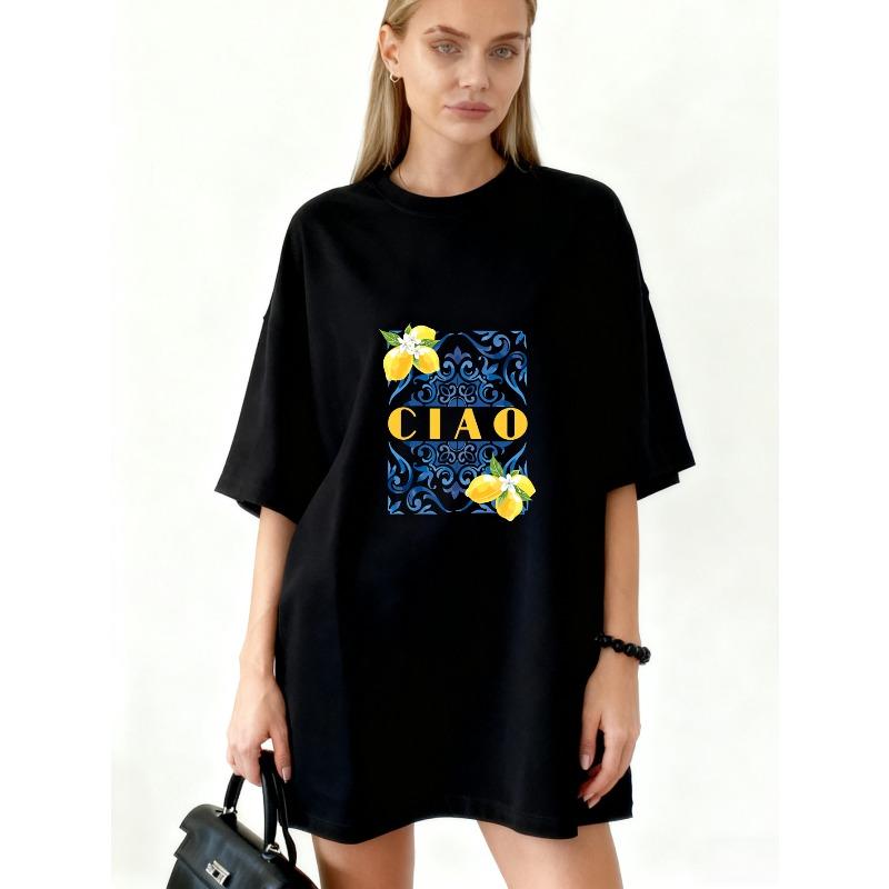 Оверсайз платье-футболка Черное Ciao Lemon Цветочный принт Повседневная летняя одежда S чёрный