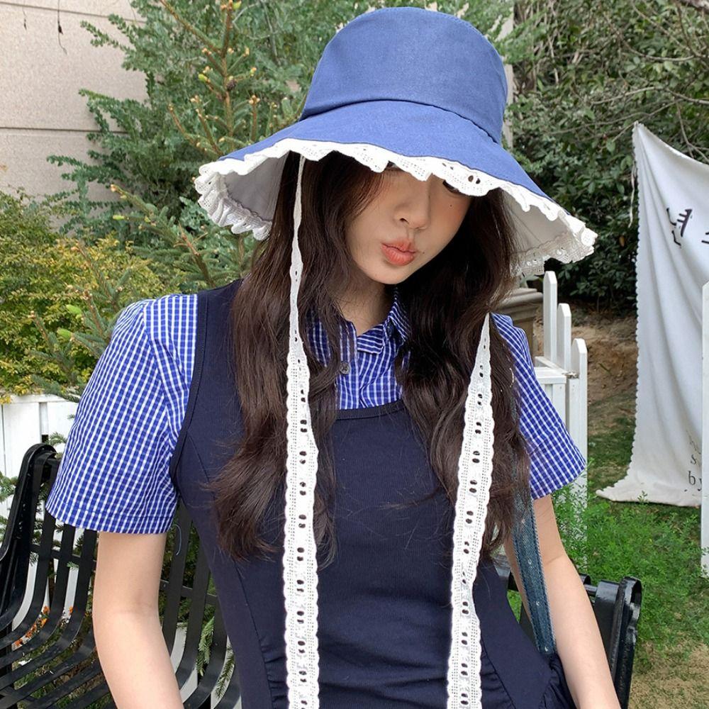 Sweet Lace Ribbon Hat French Style Women's Sun Hat Fashion Cowboy Fisherman Hat  Spring Summer