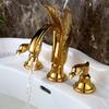 Tuqiu Gold Swan Basin Faucet Total Brass Bathroom Faucet Widespread Sink Faucets 3 Hole Hot And Cold Waterfall Faucet Water Tap