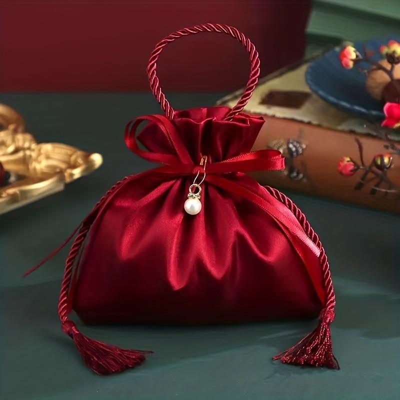 10pcs Red Drawstring Bags for Candies Featuring Pearls and Tassels for Wedding Birthdays Holiday Parties Banquets Gift Packaging