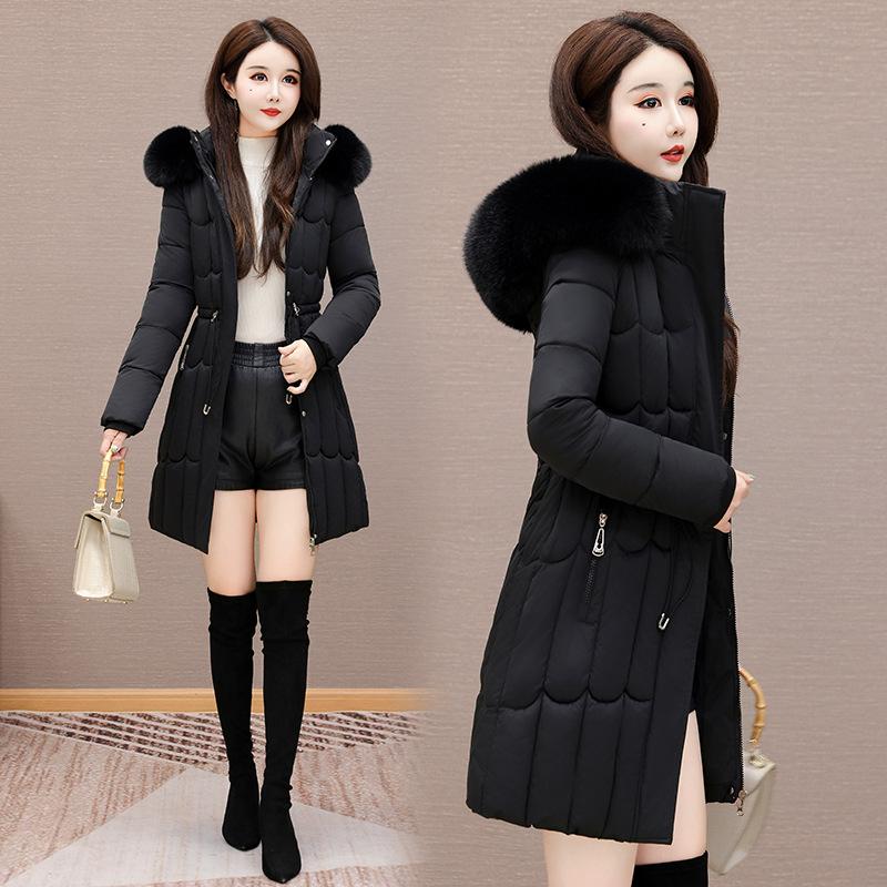 Zahraniční obchod zimní bavlněná dámská nová středně dlouhá korejská verze pas zateplená bavlněná bunda nový bavlněný kabát velký kožešinový límec