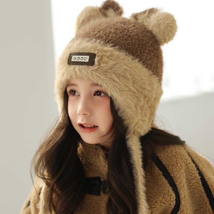 Girls  winter and autumn cute bear fleece-lined warm knitted ear protection plush hat