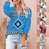 Ladies Casual Ethnic Print Fashion Large Size  V-neck Zipper Long-sleeved Blouse