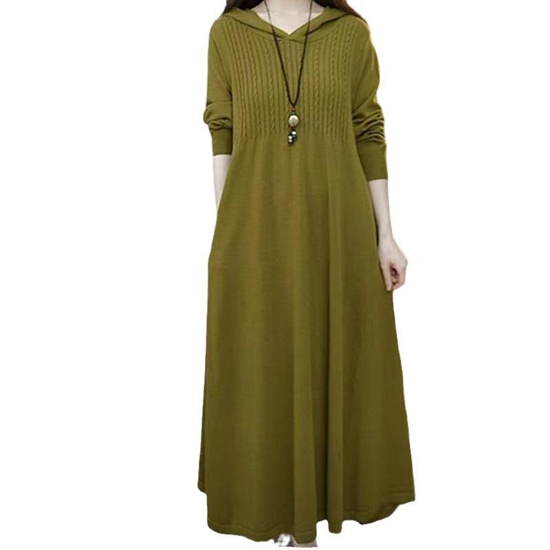 Large Size Long Hooded Fashion Versatile Knee Knitted Sweater Dress Autumn and Winter New High-end Age-reducing Sweater Women