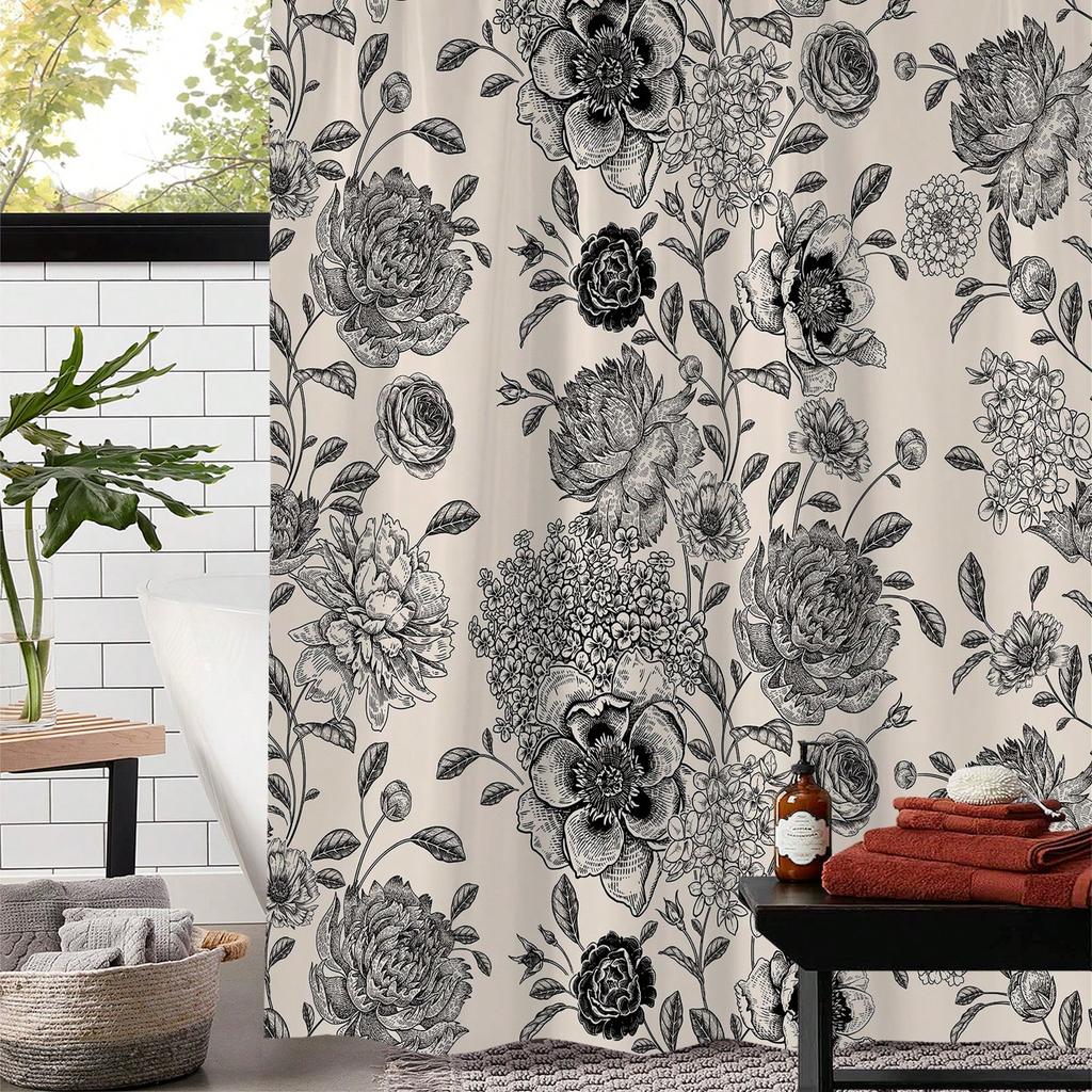 1pc Vintage Flower Printed Waterproof Shower Curtain With 12 Plastic Hooks, Bathroom Divider, Bathroom Decor Window Curtain