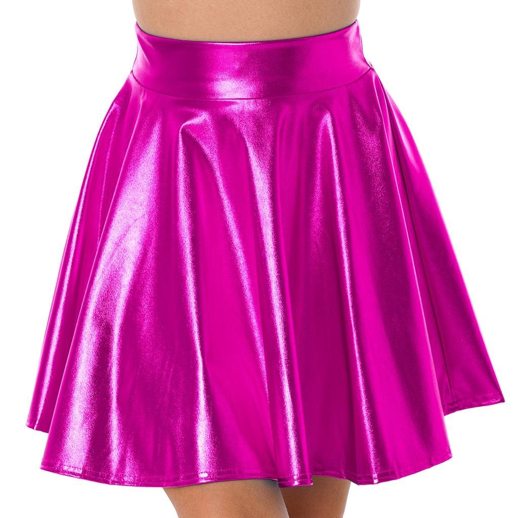 Womens Shiny Metallic Ruffle Glossy Mini Skirts Punk Party Clubwear Streetwear High Waist Flare Skirt Rave Cocktail Costume