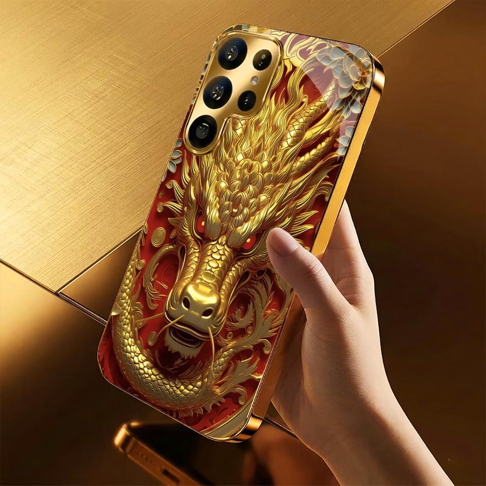 Würdevolle Goldener Drache Handyhülle Galvanisiertes Glas Handyhülle für Samsung Galaxy S26 S25 S24 S23 S22 S21 FE, Ultra, Plus