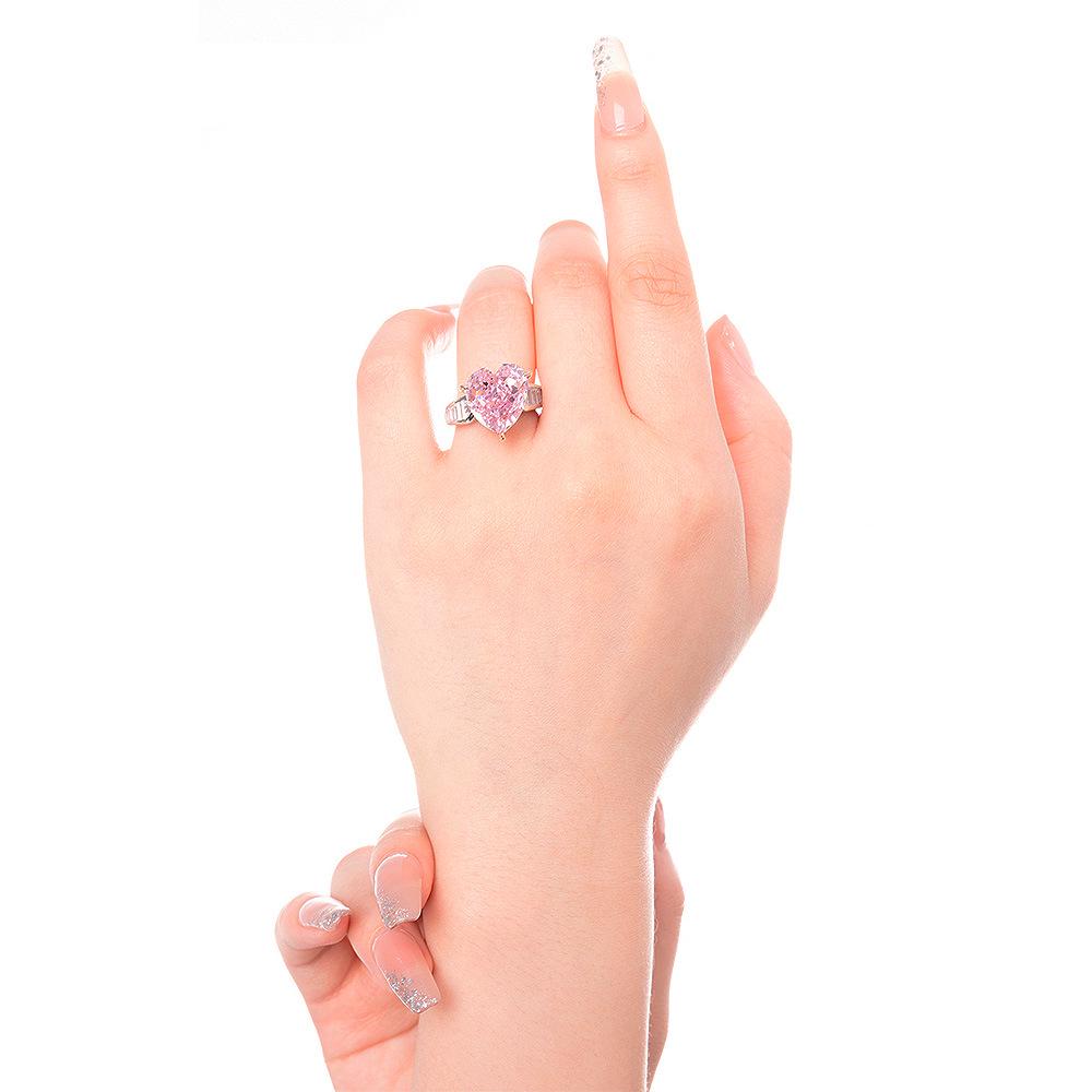 Xiancan Schmuck 2023 Herzförmiger Rosa Diamantring, 925 Silber Hochkarbon, Schlichter Modebandring.