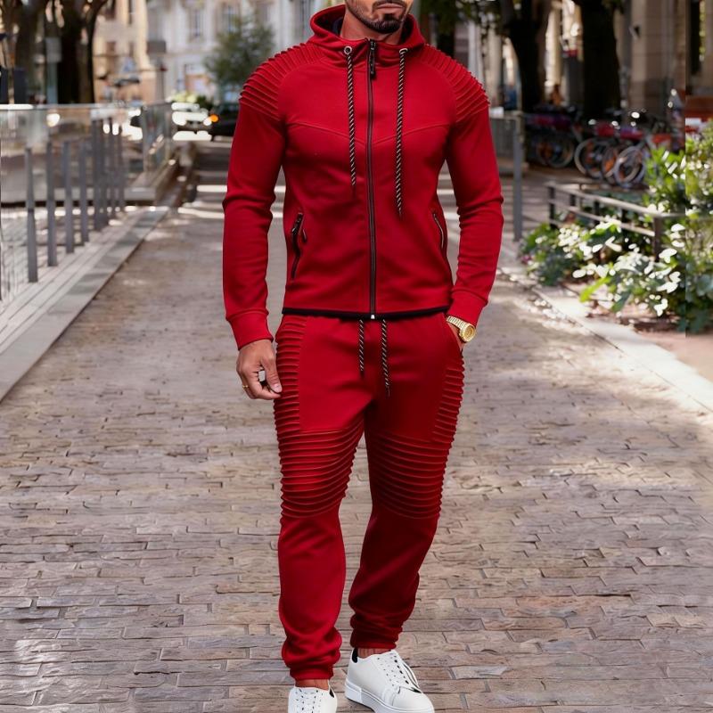 Mens 2 Piece Pleated Hoodie and Joggers Tracksuit Set