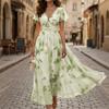 Women's V Neck Ruffle Sleeve Floral Print Waist Cinch Maxi Dress Lightweight Chiffon Elegant Vacation Dress