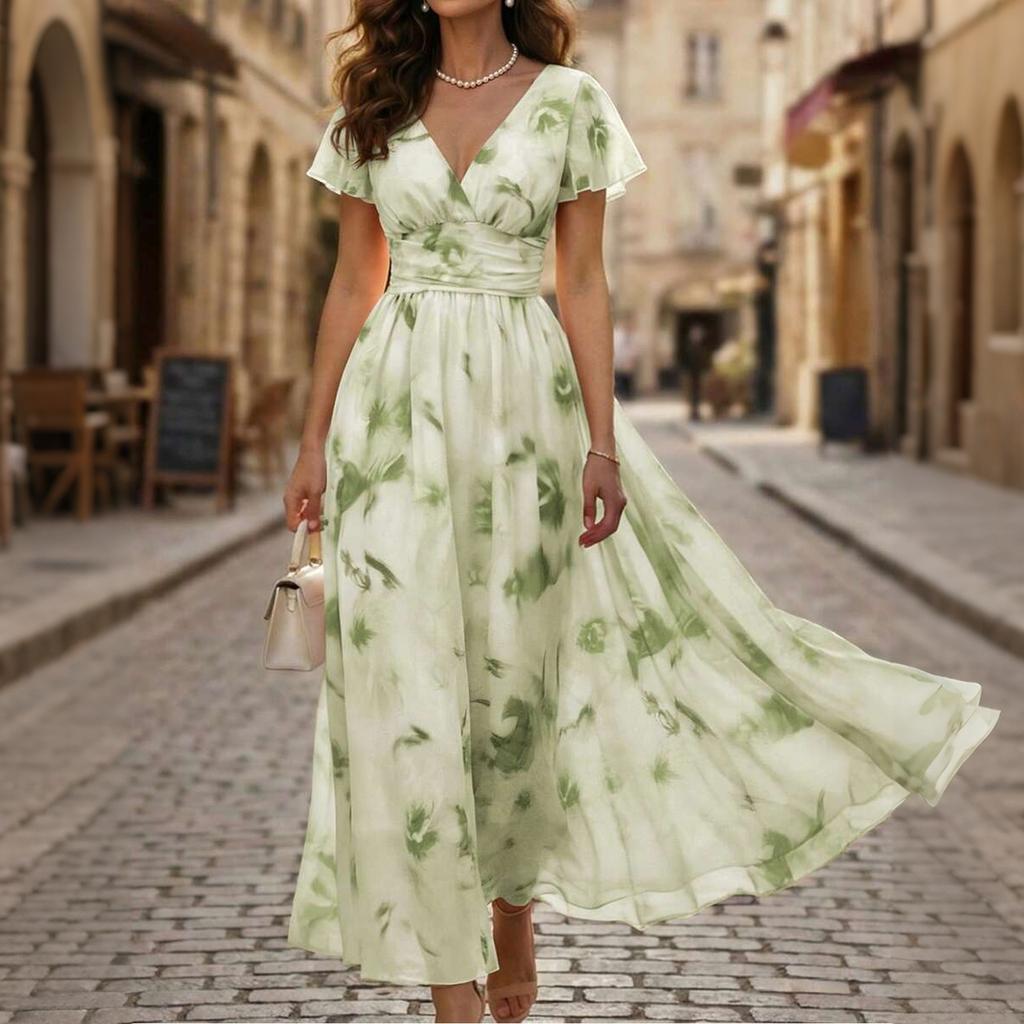 Women's V Neck Ruffle Sleeve Floral Print Waist Cinch Maxi Dress Lightweight Chiffon Elegant Vacation Dress