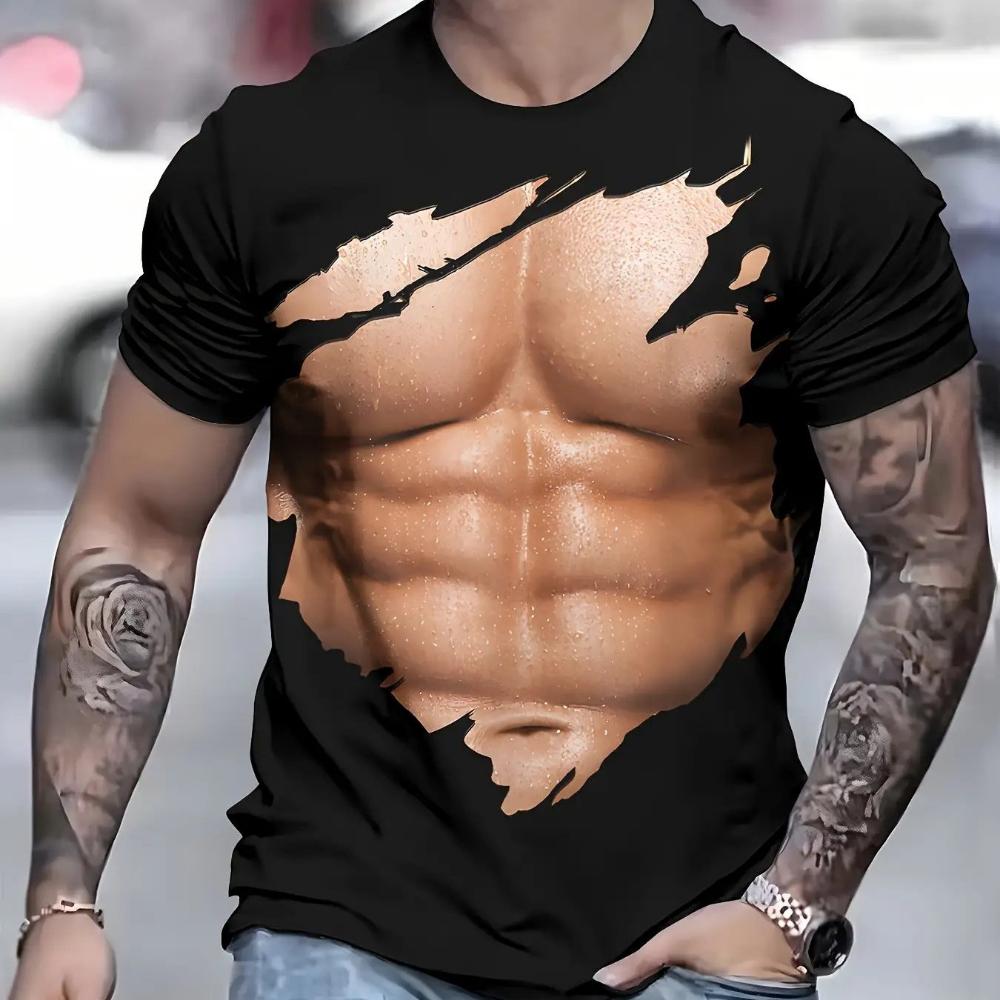 Men's Fun Digital Print T-Shirt - Retro Muscle Design, Perfect for Gym, Summer, and Casual Wear -