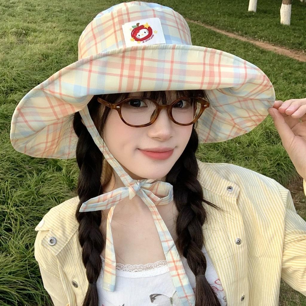 Hat Hiking Fisherman Hat Applique Yellow Orange Plaid Cloth  Outdoor Brim