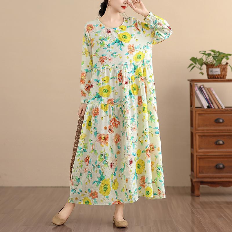 DIMANAF New 2025 Women Plus Size Spring Long Dress Loose Basic Vintage Oversize Long Sleeve Maxi Floral