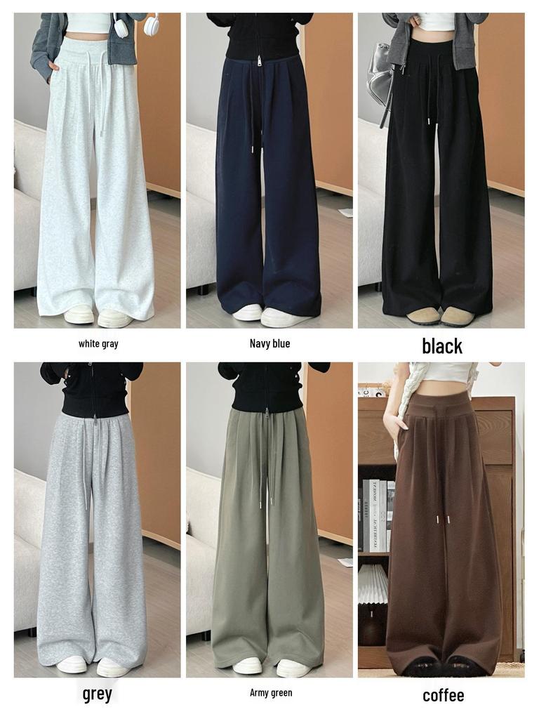 Women's Spring Arrival American-Style Grey Low-Rise Sweatpants, Drapey Comfortable Straight-Leg, Loose Wide-Leg Floor-Length Pants