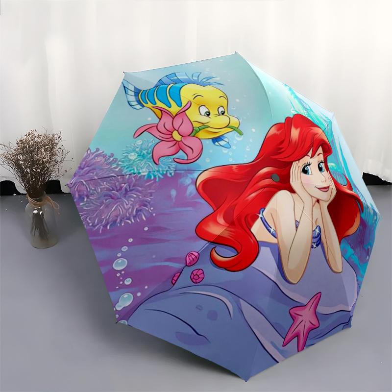 The Little Mermaid Ariel & Flounder Automatic Open/CloseUmbrella-CuteUmbrella with Cute Design, Portable 3-Fold Compact Umbrella for Men & W