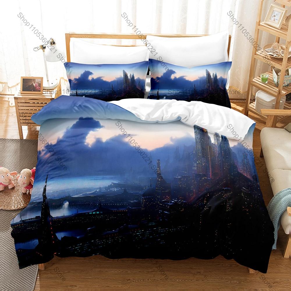 Futuristic Sci-Fi City Bedding Set, Duvet Cover and 2 Pillowcases, Modern Cyber City Pattern Breathable Fabric All Season Home