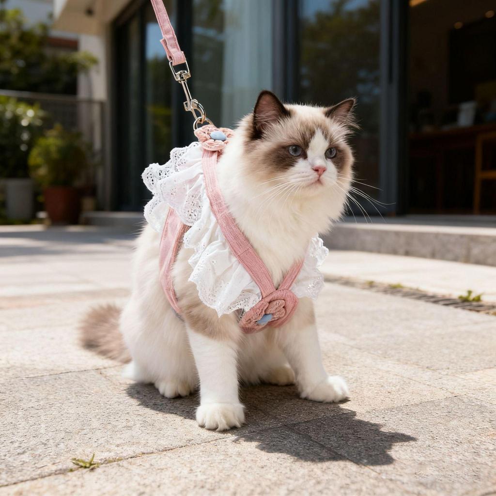 Corduroy Cat Princess Dress & Leash Set with Lace Trim