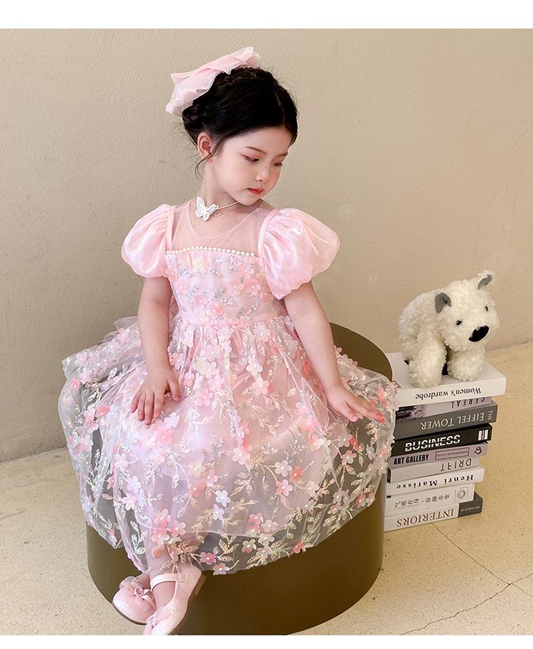 Girl Flower Fairy Sparkling Flower Dress New Summer Bubble Sleeve Princess Dress Elegant Birthday Dress