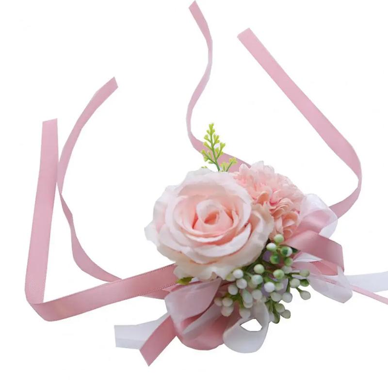 1PC Non-Fading Wedding Bridesmaid Silk Rose Groom Boutonnier Elegant Corsage Bracelet Suit Corsage Pins Wrist Flower