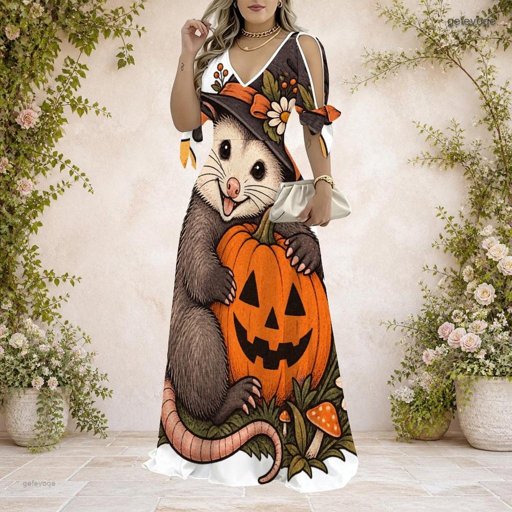 Women Plus Size V Neck Cold Shoulder Short Sleeve Halloween Pumpkin Floral Print Long Dress