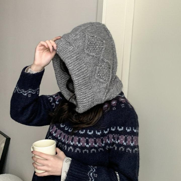 Wool Knitted Large Version Balaclava Hat Women's Warm Coarse Linen Pattern Horn Buckle Ear Protector Pullover Hat