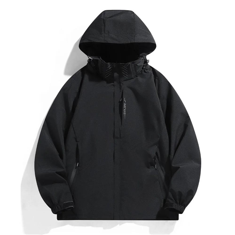 Men's Waterproof Breathable Hooded Windbreaker with EXPLORE Chest Pocket - Loose Fit Multi-Color Outdoor Jacket