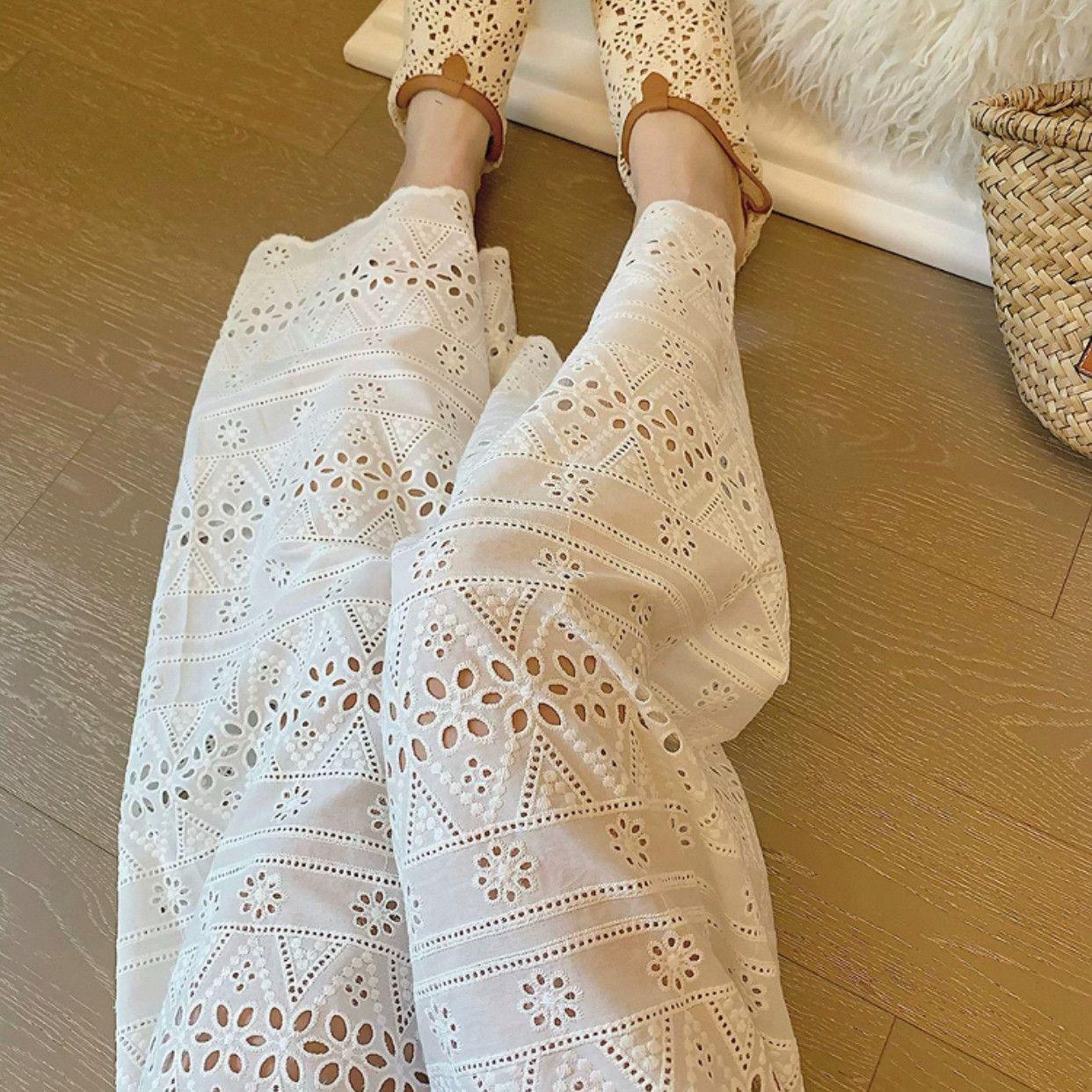 Off-White Hollow Lace Cotton High Waist Wide Leg Pants for Women S (Recommended 85-90 lbs)