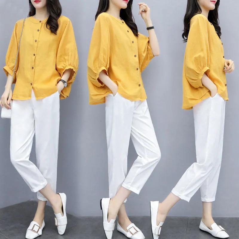 Suit Women's Summer Loose and Thin Bat-sleeved Blouse Women's Temperament Fashion Round Neck Shirt