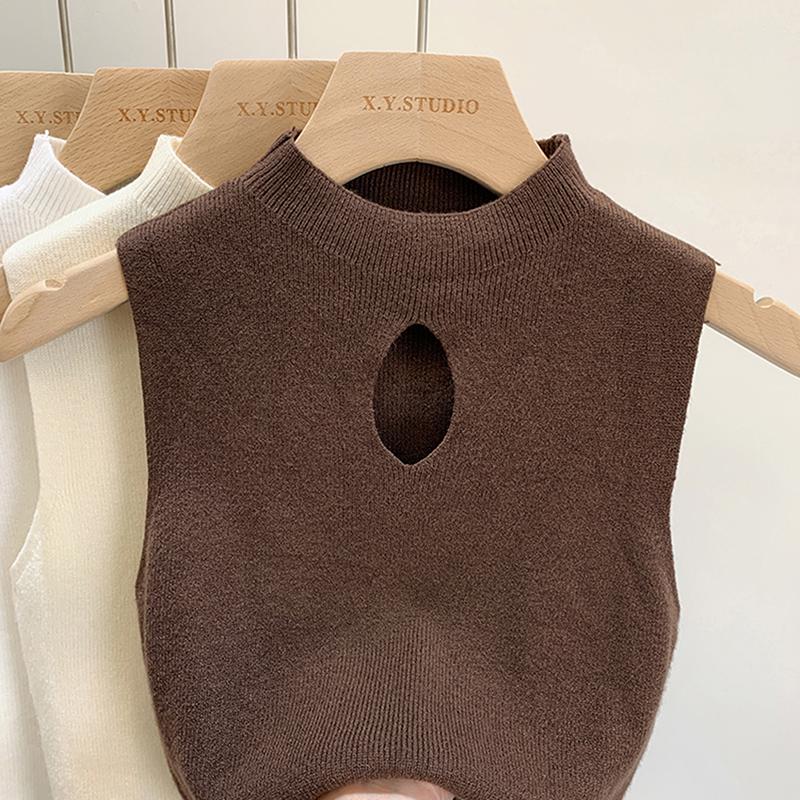 Fashion Half Turtleneck Hollow Out Knitted Tank Top Summer Women Casual Solid Color Sleeveless Vest