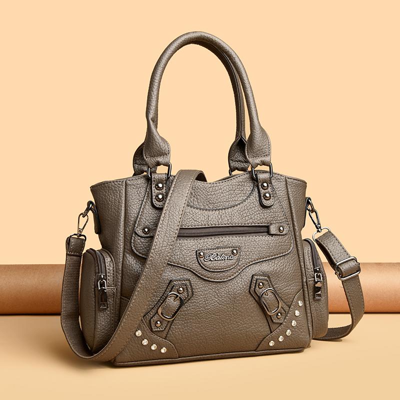 Women Casual Multiple Pockets Tote Bag Lady Large Capacity Shoulder Crossbody Bag for Womens Vintage Soft Leather Travel Bag Sac