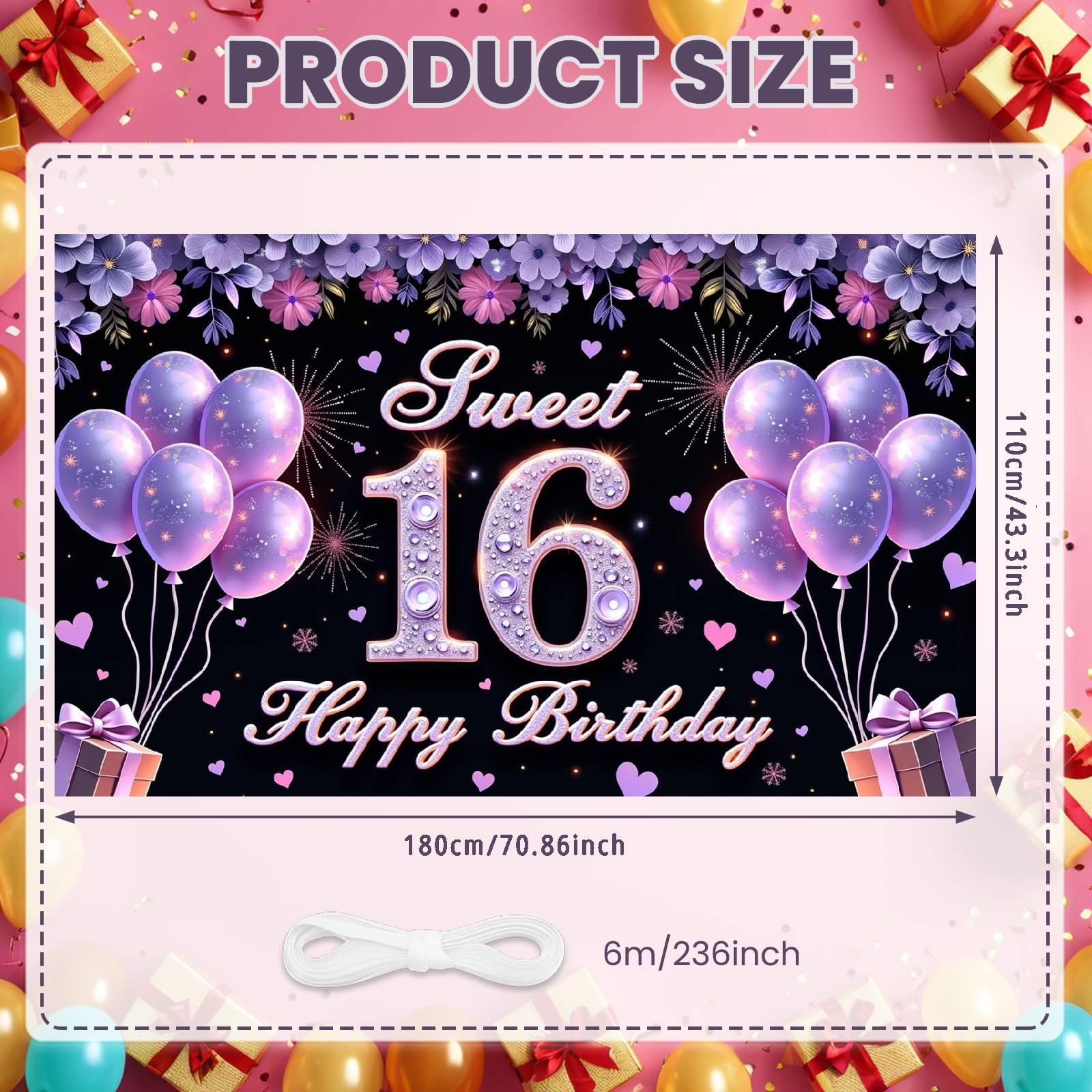 

16th Birthday Display Heart Accent Sweet 16 Banner Backdrop Golden Number Sweet Celebration Display For Photo Backdrop Birthday