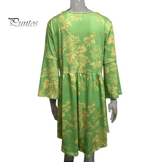 Summer Women Dress O Neck Three Quarter Sleeves Floral Print Color Matching Pleated A-line Loose Hem Knee Length Soft Breathable Casual Beach Midi