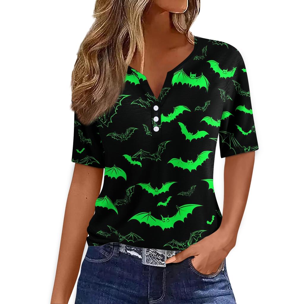 Women's Casual Halloween Print V Neck Button Front Three Quarter Sleeve T Shirt Top for Everyday Wear and Seasonal Occasions
