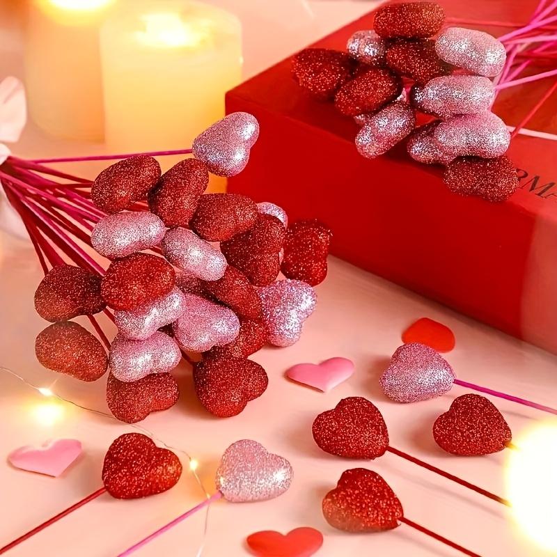 20pcs Hearts Shining Red & Pink Artificial Flower Bouquet - Valentine's Wedding Faux Blooms, Plastic Heart-Shaped for Decor