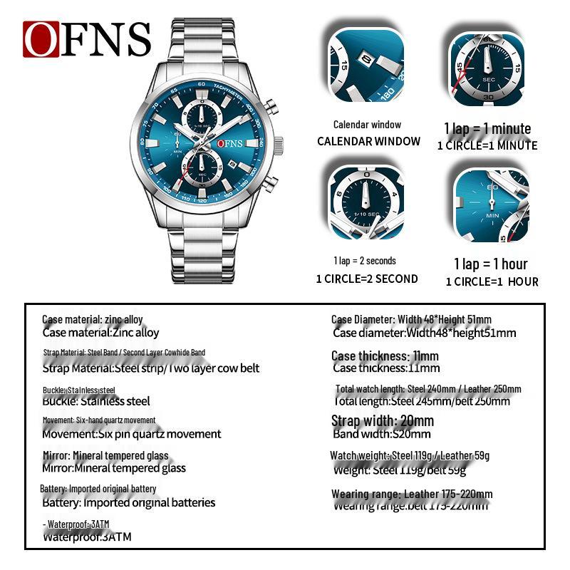 OFNS 3D Sun Dial Quartz Watch: Luminous, Waterproof, Multifunctional Men's Timepiece with Three-Eye, Six-Needle Design and Calendar.
